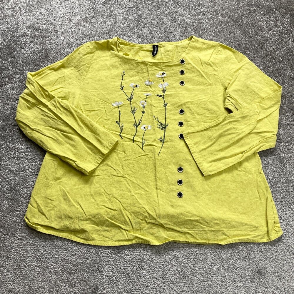 Noracora Blouse Womens 2XL Yellow Embroidered Round Neck Long Sleeve Cotton Top